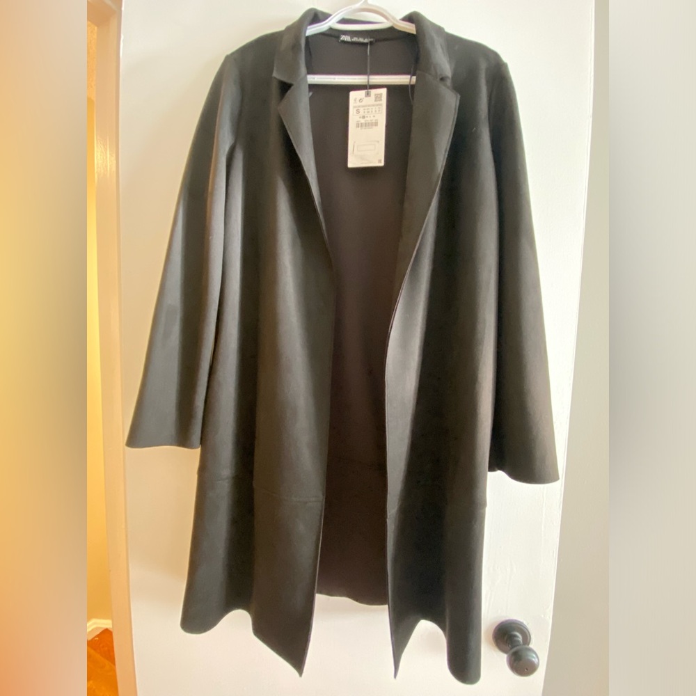 Zara Faux Suede Long Sleeve Long Open Blazer Coat Black Size S BNWT